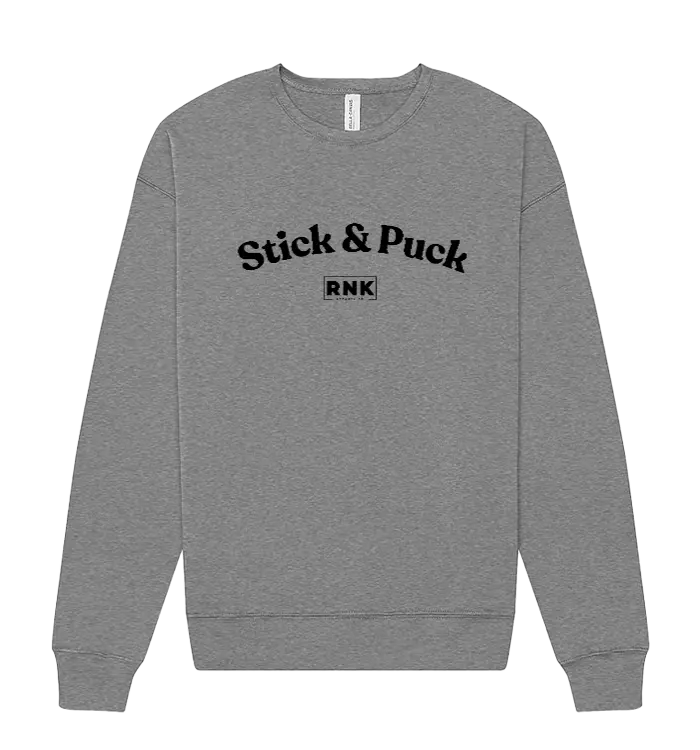 RNK Unisex fleece crewneck sweatshirt featuring Stick & Puck graphic in blue and white, casual sports-inspired apparel.