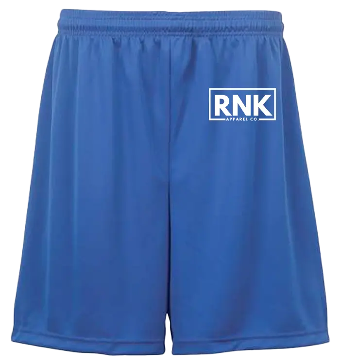 RNK Apparel Co. unisex performance shorts with moisture-management fabric, designed for athletic activity and comfort.