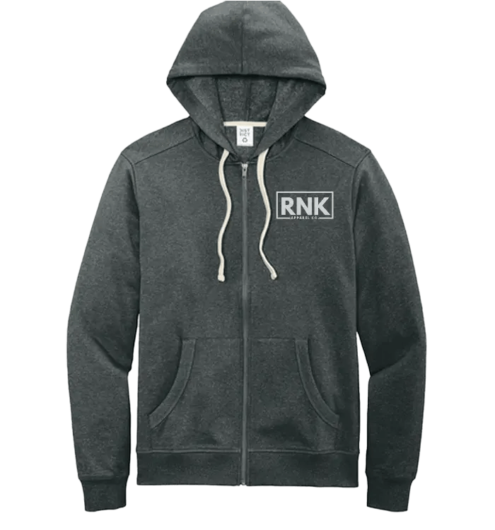 White RNK Apparel Co. adult unisex zip hoodie with front white logo, casual streetwear style.