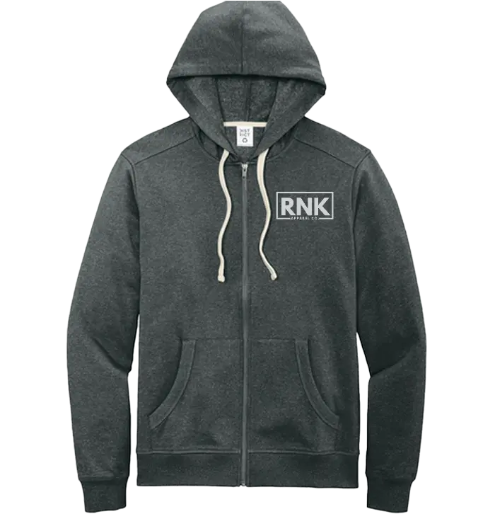 White RNK Apparel Co. adult unisex zip hoodie with front white logo, casual streetwear style.