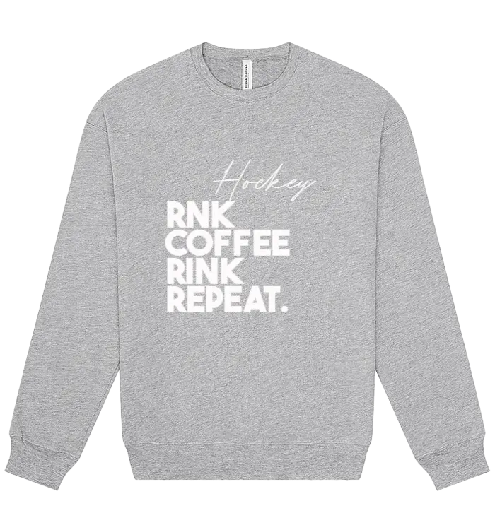 Unisex RNK Apparel Co. fleece crewneck sweatshirt with coffee-themed Rink Repeat graphic in brown and beige tones.