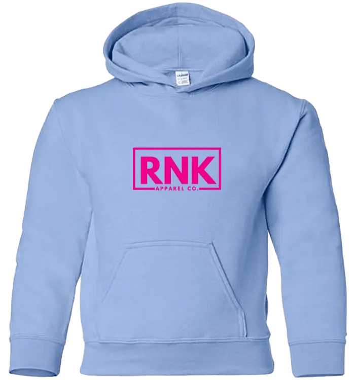 Pink RNK Youth Heavy Blend Hooded Sweatshirt with logo, soft fabric and comfortable fit, ideal for kids' casual wear.