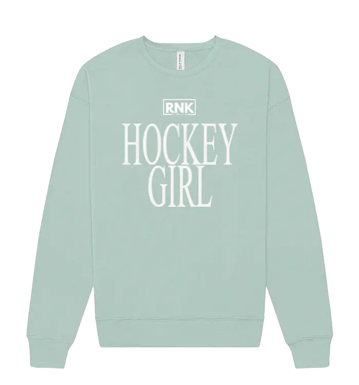 RNK Unisex fleece crewneck sweatshirt with a hockey girl graphic, soft fabric and casual style.