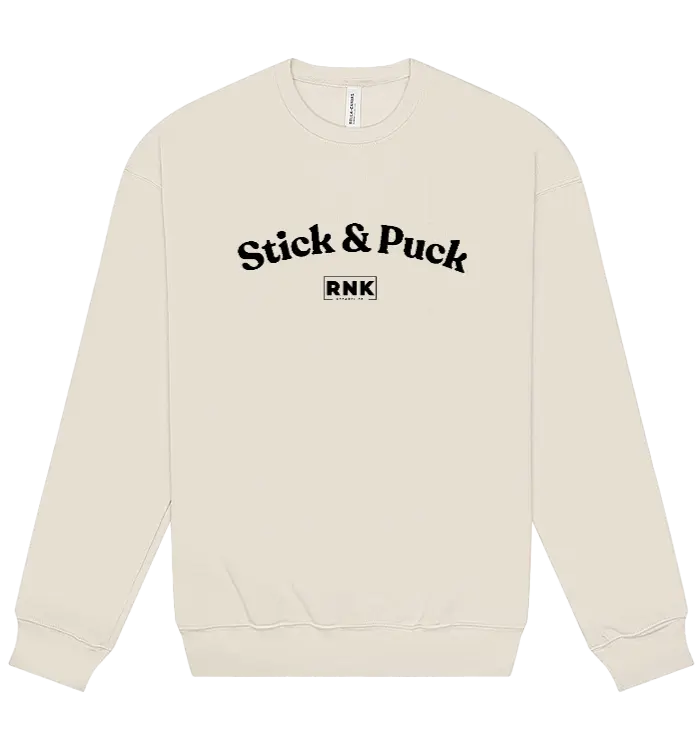 RNK Unisex fleece crewneck sweatshirt with Stick & Puck graphic, soft fabric, and casual fit, ideal for hockey fans and everyday wear.