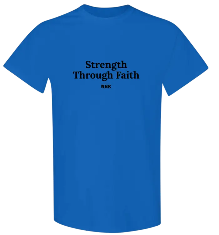 Youth Strength Through Faith hockey T-shirt by RNK Apparel Co., 100% cotton graphic tee featuring faith and hockey themes.