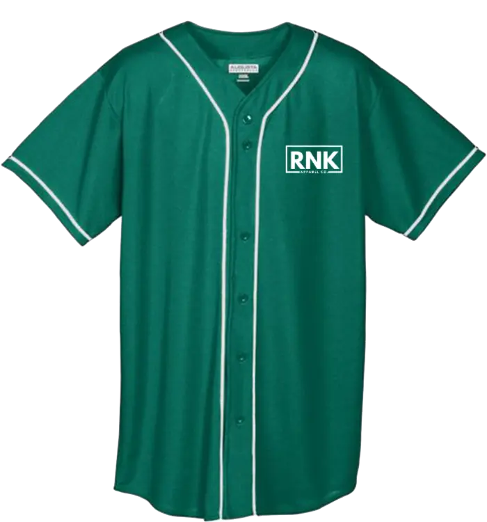 Unisex RNK Apparel Co. wicking mesh button jersey in white with logo edition, featuring breathable fabric and button front design.