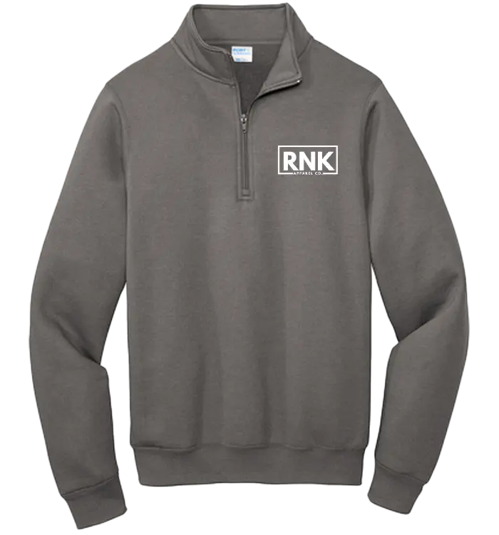 RNK Apparel Co. unisex white fleece pullover with 1/4 zip and logo, showing the front view with a cozy, casual style.