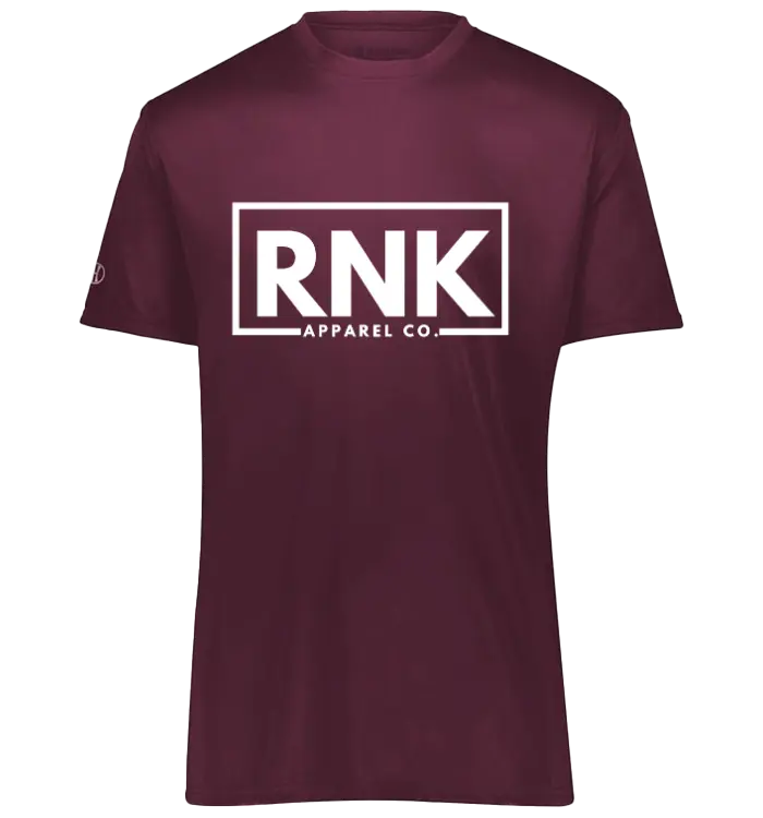 RNK adult unisex athletic performance polyester T-shirt displayed on a hanger, showcasing a sleek, fitted design for active wear.