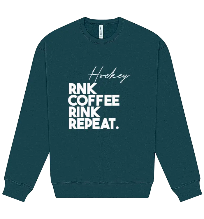 Unisex RNK fleece crewneck sweatshirt with coffee Rink Repeat graphic in brown, casual and comfortable for everyday wear.