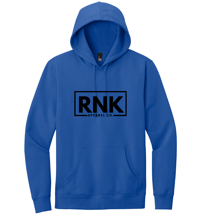 Unisex RNK Apparel Co. fleece hoodie in a cozy, soft fabric, featuring a front pocket and drawstring hood, suitable for all genders.
