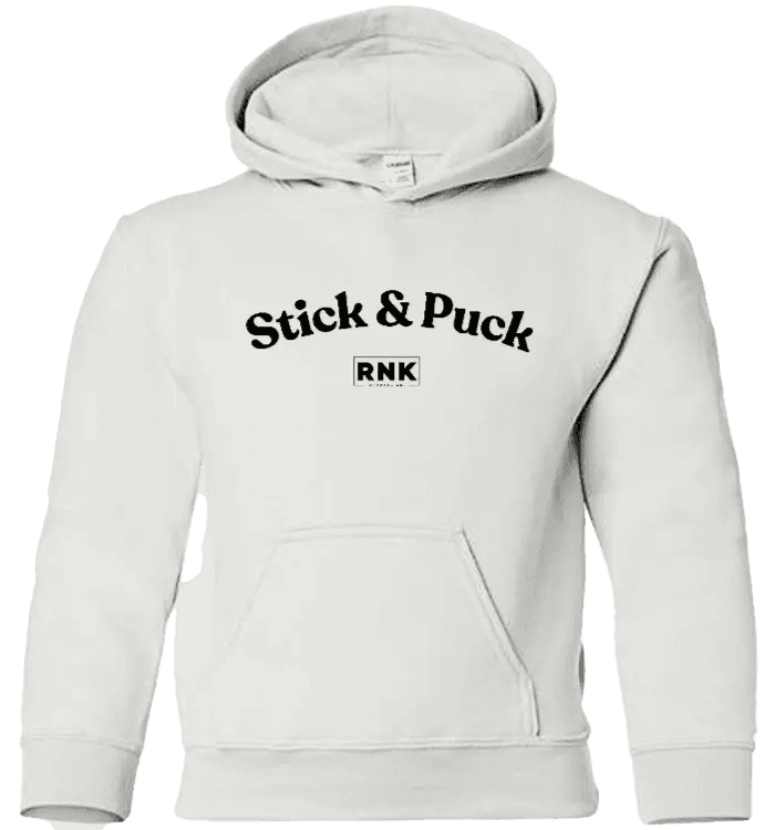 Youth RNK Heavy Blend Hoodie with Stick & Puck graphic, featuring a comfortable fit and bold hockey-themed design