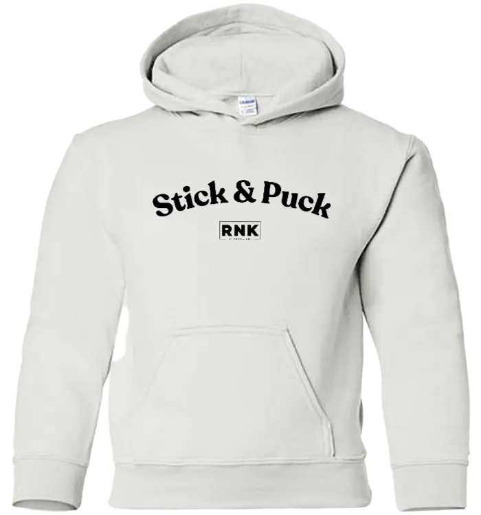 Youth RNK Heavy Blend Hoodie with Stick & Puck graphic, featuring a comfortable fit and bold hockey-themed design