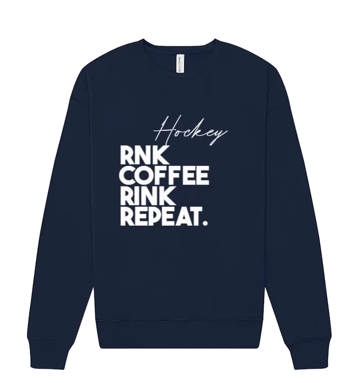 Unisex RNK Apparel Co. fleece crewneck sweatshirt with coffee-themed Rink Repeat graphic design, cozy and casual fit.