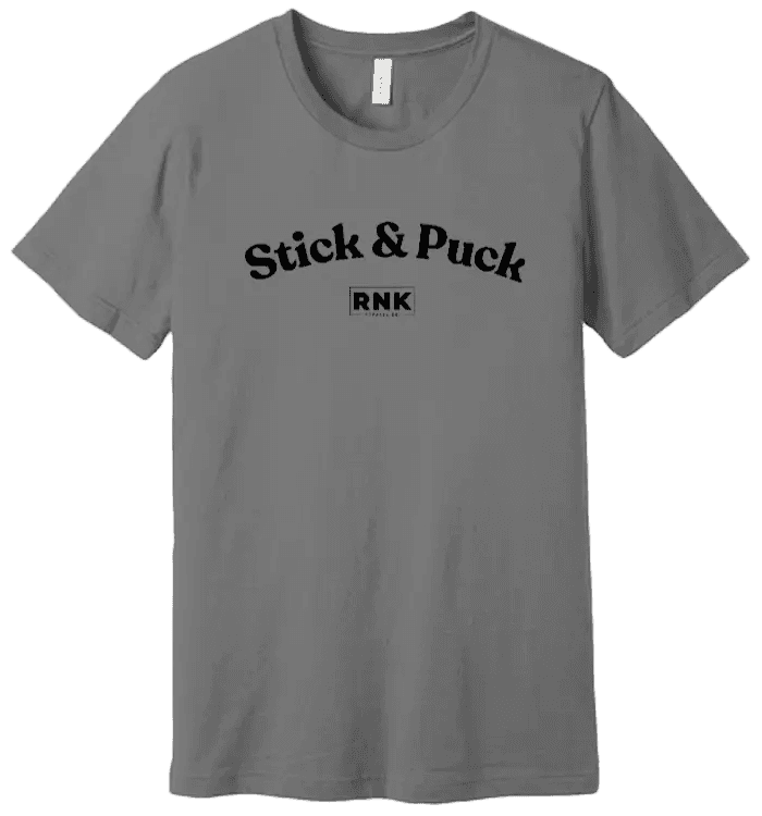 Youth Stick & Puck Hockey T-Shirt by RNK Apparel Co., 100% cotton graphic tee with hockey-themed design, front view.