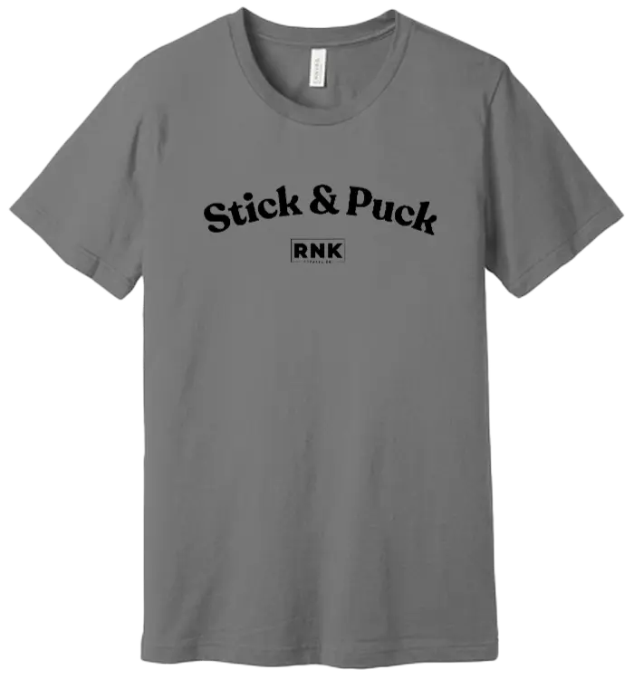 Youth Stick & Puck Hockey T-Shirt by RNK Apparel Co., 100% cotton graphic tee with hockey-themed design, front view.