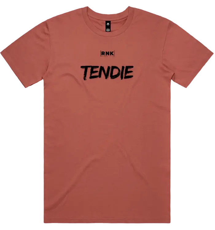 Unisex RNK Tendie graphic cotton T-shirt with colorful chicken tendie design on front, casual fit, RNK Apparel Co. branding.