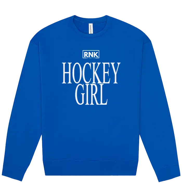 Unisex navy fleece crewneck sweatshirt by RNK Apparel Co. featuring a hockey girl graphic design.