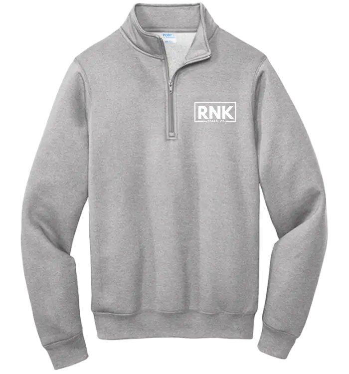 Unisex white fleece pullover with 1/4 zip and RNK Apparel Co. logo, casual and cozy sweatshirt for everyday wear.