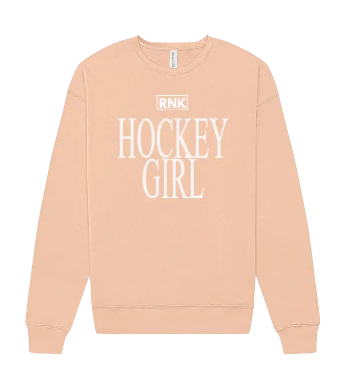 RNK Unisex fleece crewneck sweatshirt with a hockey girl graphic, soft fabric and casual fit, ideal for sports fans and casual wear.