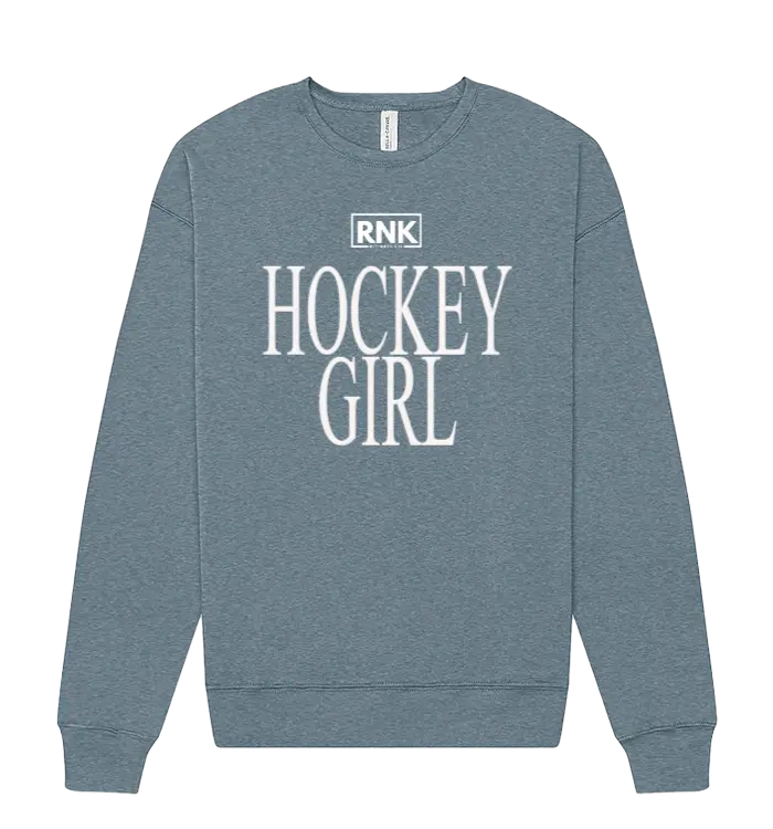 Unisex fleece crewneck sweatshirt by RNK Apparel Co. featuring a hockey girl graphic design on the front.
