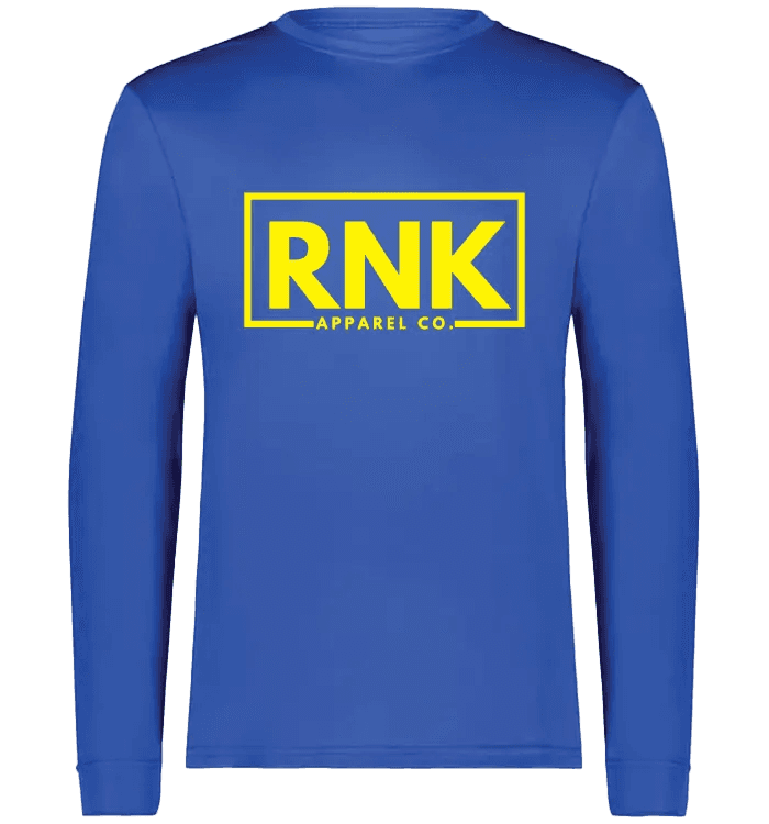 RNK Adult Performance Long Sleeve T-Shirt for hockey training, lightweight and breathable, in black with RNK Apparel Co. branding.