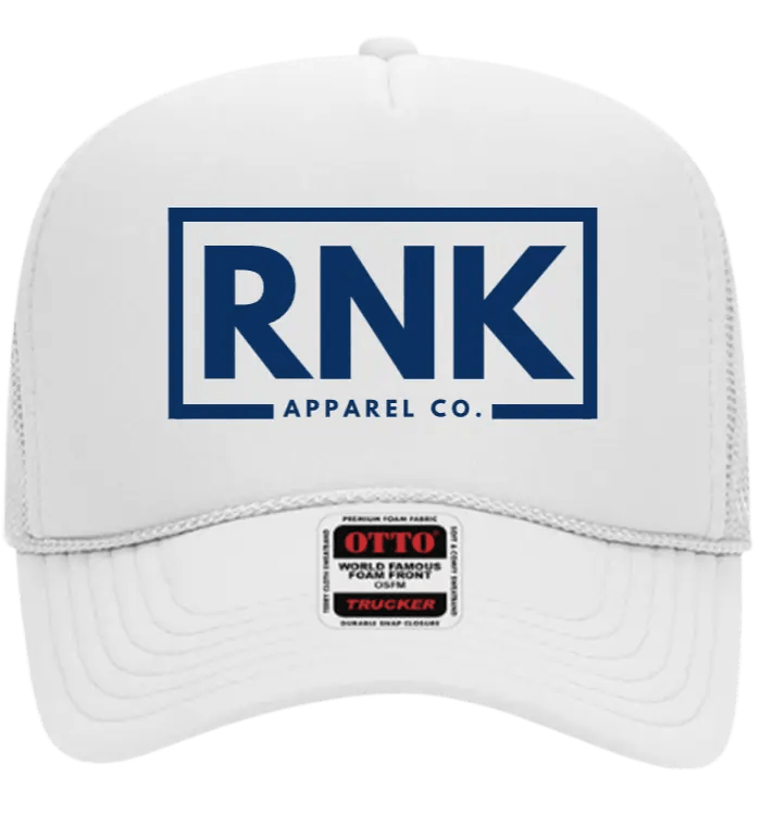 Navy hockey trucker hat with logo patch, featuring mesh back and adjustable snap closure by RNK Apparel Co.