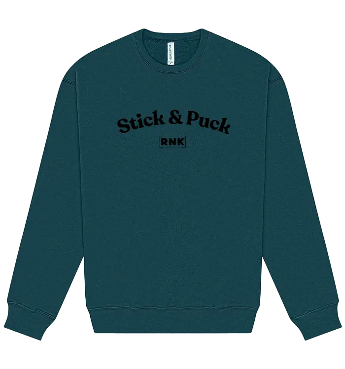 Unisex RNK fleece crewneck sweatshirt featuring Stick & Puck graphic, soft fabric, and casual athletic style.