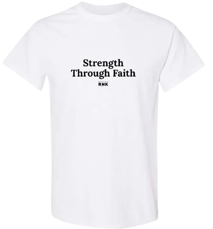 Youth Strength Through Faith hockey T-shirt by RNK Apparel Co., 100% cotton graphic tee with inspirational design.