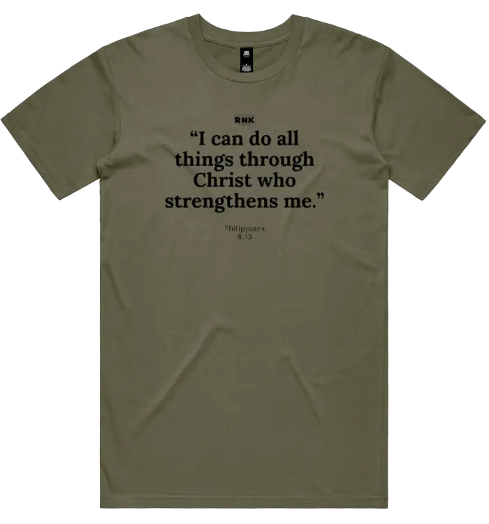Unisex RNK Apparel Co. cotton T-shirt with "I Can Do All Things" graphic design, casual fit, and comfortable fabric.