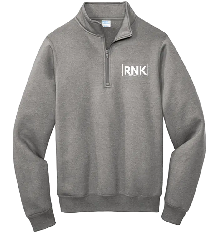 RNK Apparel Co. unisex white fleece pullover with 1/4 zip and logo, comfortable and casual for everyday wear