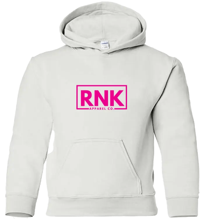 Pink RNK Youth Heavy Blend Hooded Sweatshirt with RNK Apparel Co. logo, soft fabric and comfortable fit for kids.