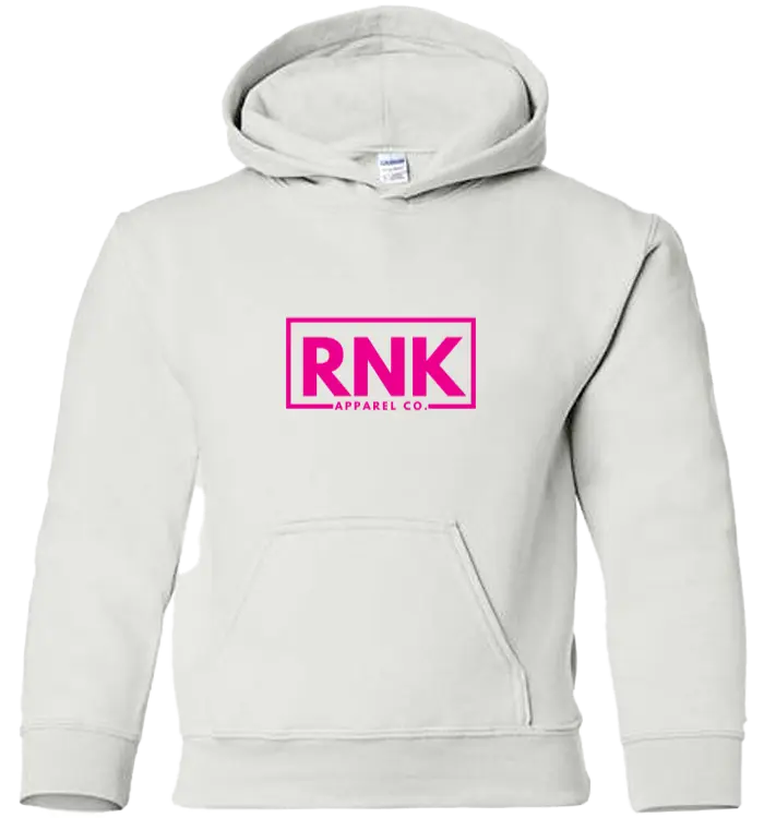 Pink RNK Youth Heavy Blend Hooded Sweatshirt with RNK Apparel Co. logo, soft fabric and comfortable fit for kids.