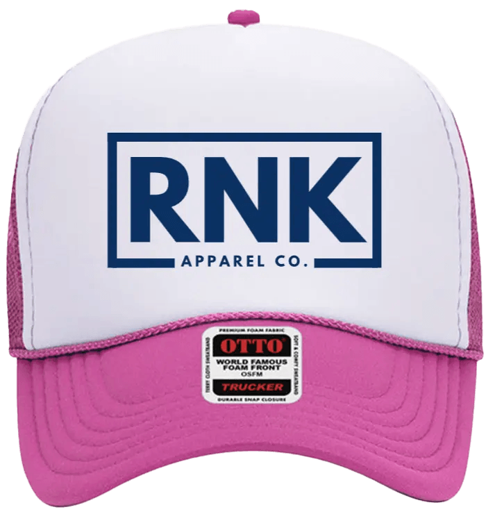 Navy hockey trucker hat with logo patch from RNK Apparel Co, featuring mesh back and adjustable snap closure.