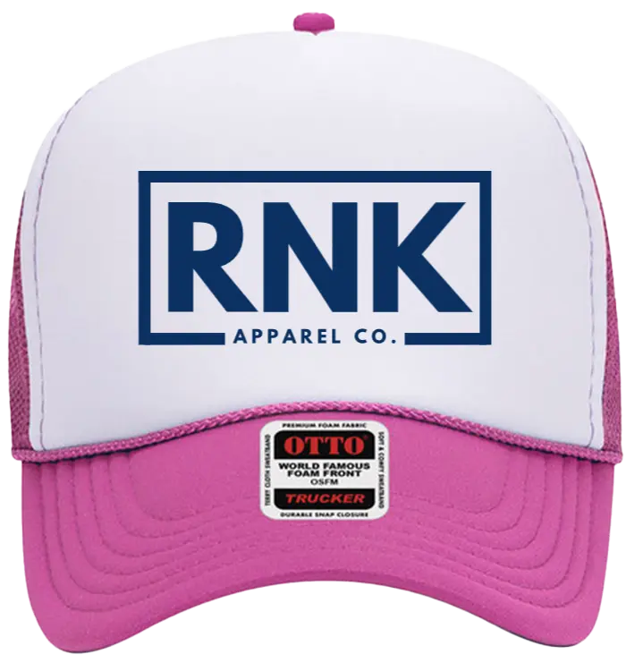 Navy hockey trucker hat with logo patch from RNK Apparel Co, featuring mesh back and adjustable snap closure.