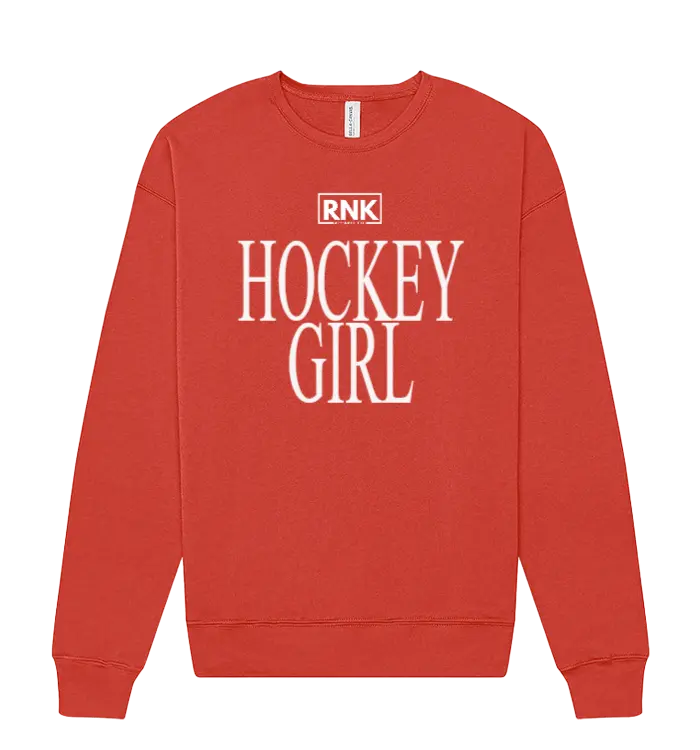 Unisex RNK Apparel Co. fleece crewneck sweatshirt with a hockey girl graphic design, soft fabric, and comfortable fit.