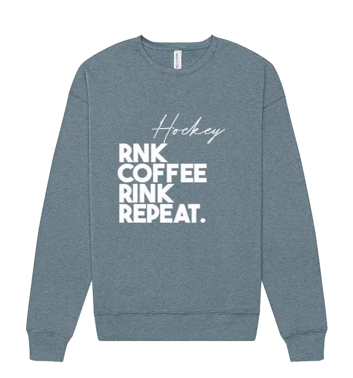 Unisex RNK Apparel Co. fleece crewneck sweatshirt with coffee Rink Repeat graphic in brown and beige tones.