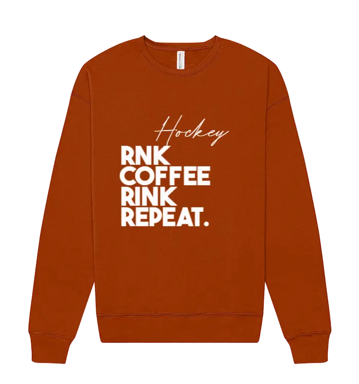 RNK Apparel Co. unisex coffee-colored fleece crewneck sweatshirt with Rink Repeat graphic design.