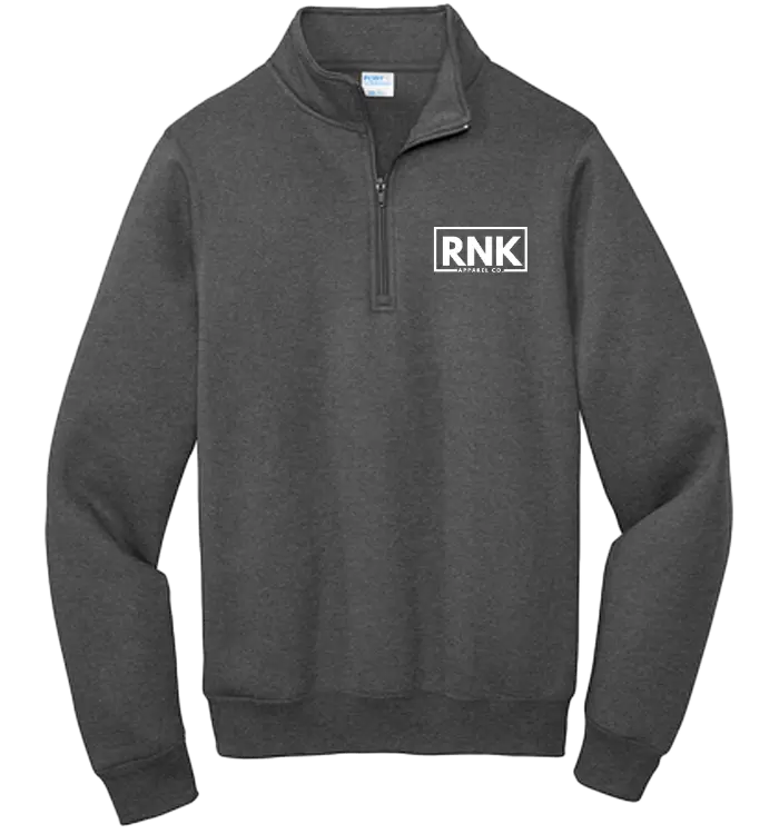 Unisex white fleece pullover with a quarter-zip collar and RNK Apparel Co. logo, soft and cozy for casual wear.