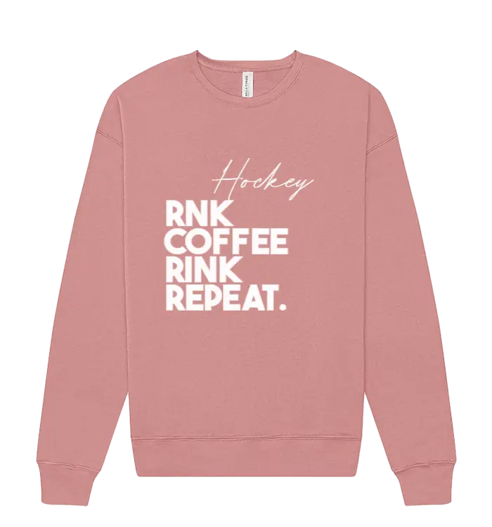 Unisex RNK Apparel Co. fleece crewneck sweatshirt with coffee Rink Repeat graphic in a cozy fleece fabric.