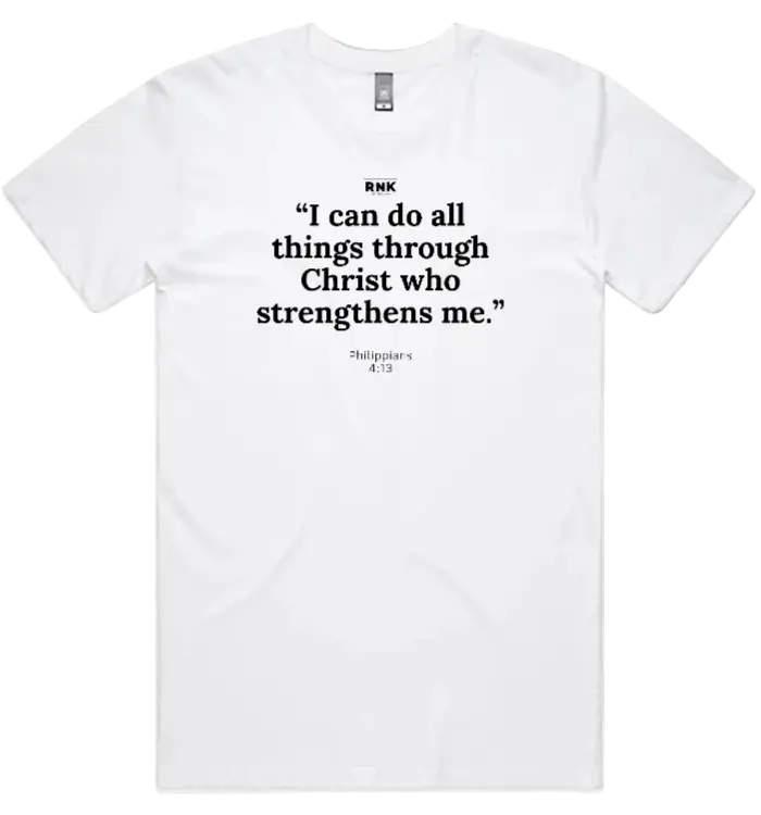 Unisex RNK Apparel Co. cotton T-shirt with “I Can Do All Things” graphic design, comfortable casual wear for men and women.