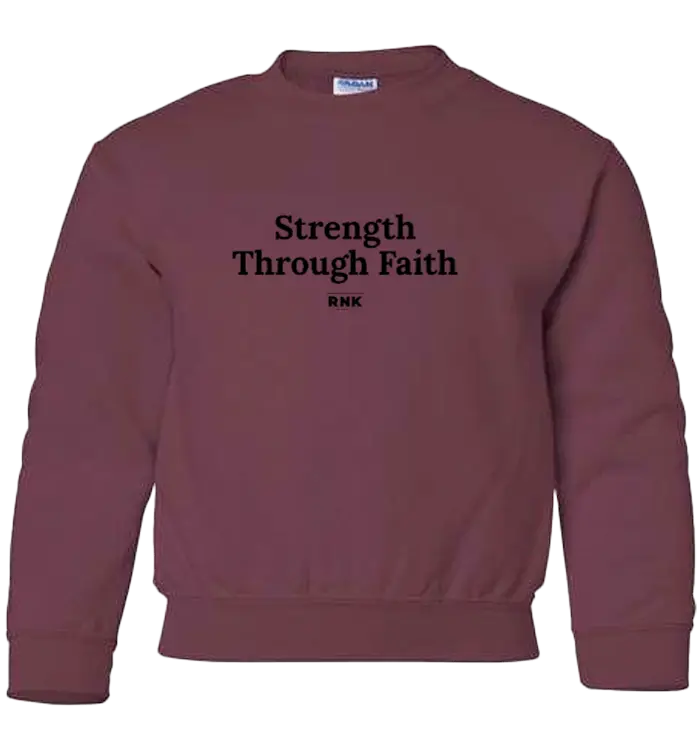 RNK Youth Crewneck Sweatshirt with Strength Through Faith graphic in navy, featuring bold print and comfortable fit.