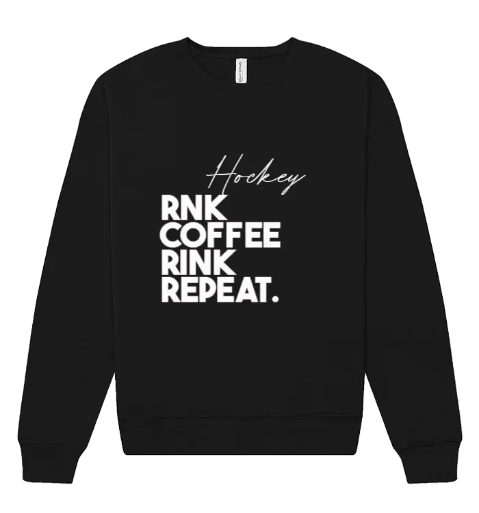 Unisex RNK Apparel Co. fleece crewneck sweatshirt with coffee Rink Repeat graphic, cozy sweatshirt with bold print design.
