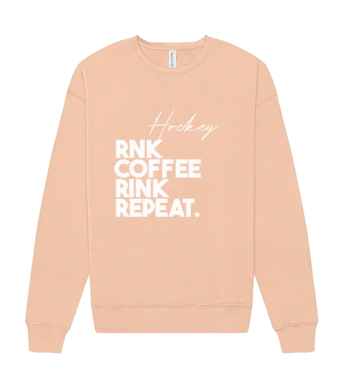 Unisex RNK Apparel Co. fleece crewneck sweatshirt with coffee rink repeat graphic, featuring a cozy fleece fabric and casual fit.