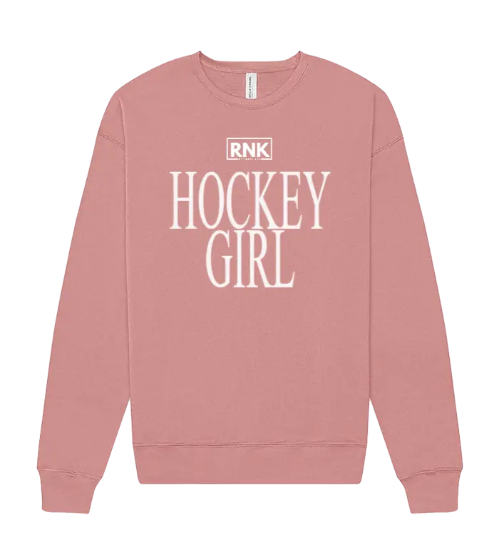 Unisex RNK Apparel Co. fleece crewneck sweatshirt with a hockey girl graphic design, cozy and stylish for everyday wear.