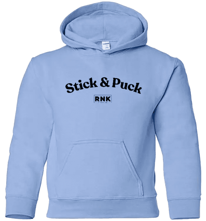 Youth RNK Heavy Blend Hoodie with Stick & Puck graphic, featuring a comfortable fit and bold hockey-themed design.