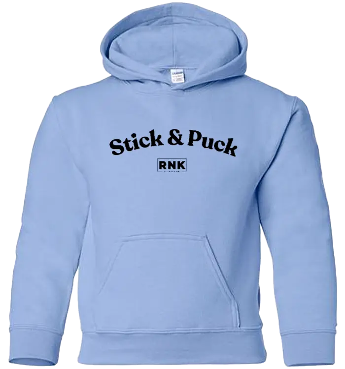 Youth RNK Heavy Blend Hoodie with Stick & Puck graphic, featuring a comfortable fit and bold hockey-themed design.