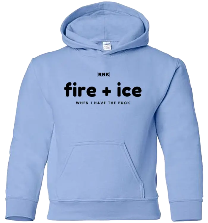RNK Youth Heavy Blend Hoodie with Fire and Ice graphic design, showing the colorful hoodie front and graphic artwork.