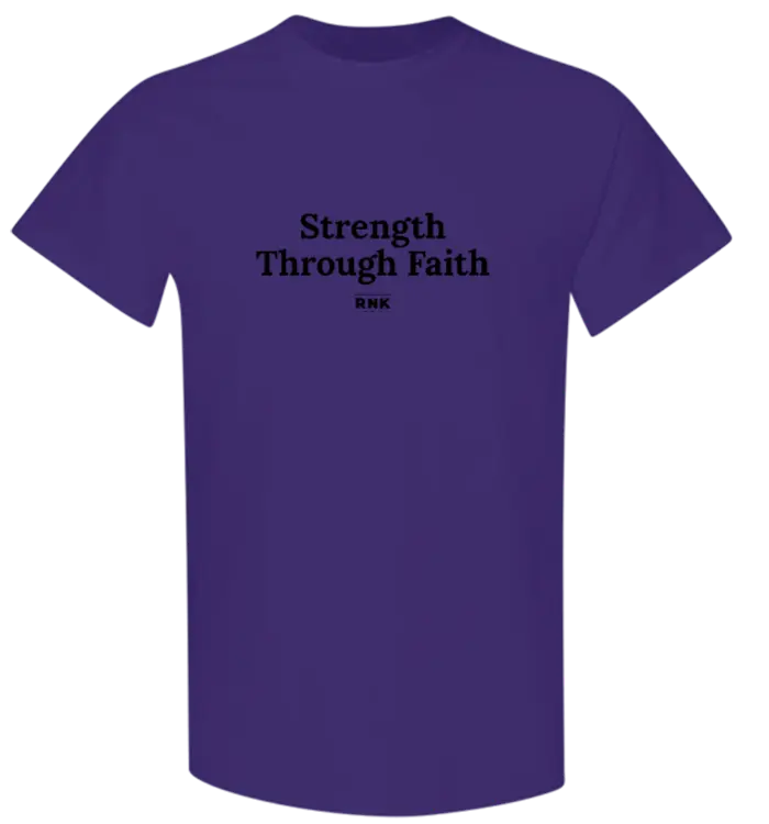 Youth Strength Through Faith hockey T-shirt by RNK Apparel Co., 100% cotton graphic tee featuring faith-themed design.