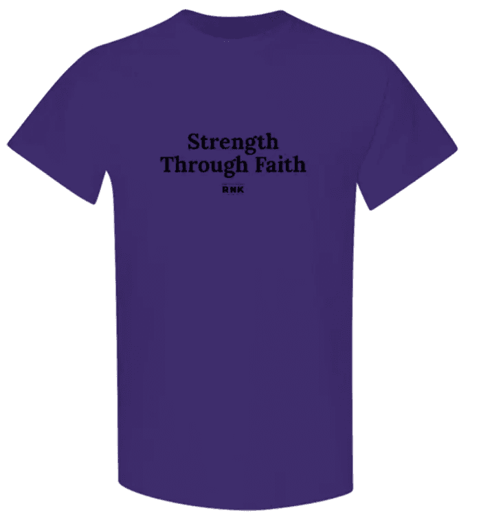 Youth Strength Through Faith hockey T-shirt by RNK Apparel Co., 100% cotton graphic tee featuring faith-themed design.