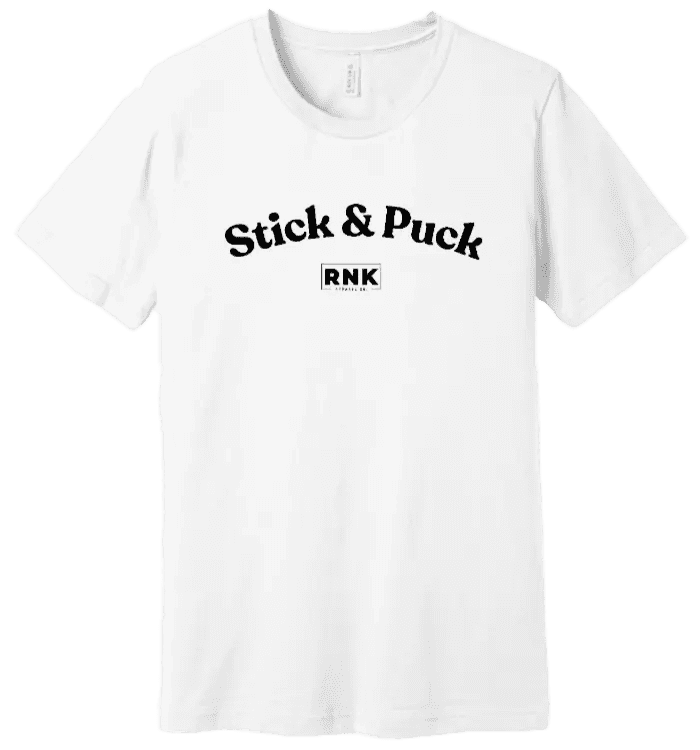 Youth Stick & Puck Hockey T-Shirt by RNK Apparel Co., 100% cotton graphic tee with hockey-themed design on the front.